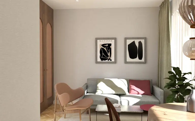 Wnętrze salonu w stylu soft minimalizm z vintage akcentami.