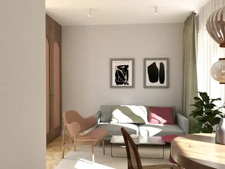 Wnętrze salonu w stylu soft minimalizm z vintage akcentami.