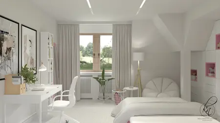 Wnętrze minimalistycznego pokoju z białymi meblami, różowymi detalami i dużym oknem.