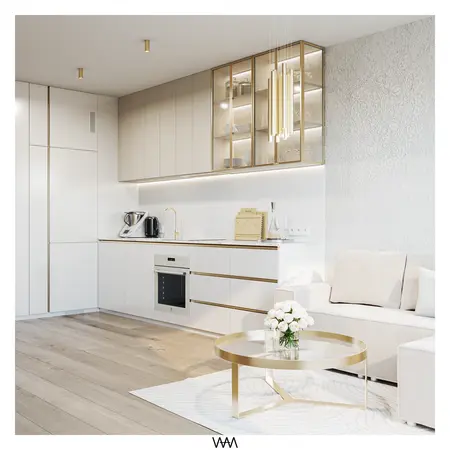 Nowoczesna kuchnia minimalistyczna z białymi meblami i złotymi detalami, styl glamour.