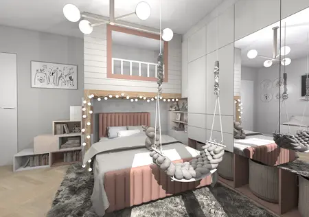 Wnętrze pokoju dziecięcego z różową kanapą i szarym dywanem, styl dopamine decor, industrialny, nowoczesny, współczesny.