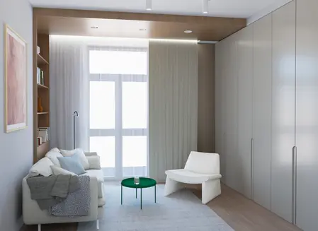 Wnętrze salonu w stylu eklektycznym z meblami vintage, soft minimalizm.