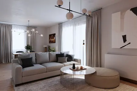 Wnętrze salonu w stylu eklektycznym i minimalistycznym z jasnymi zasłonami oraz nowoczesnym oświetleniem.