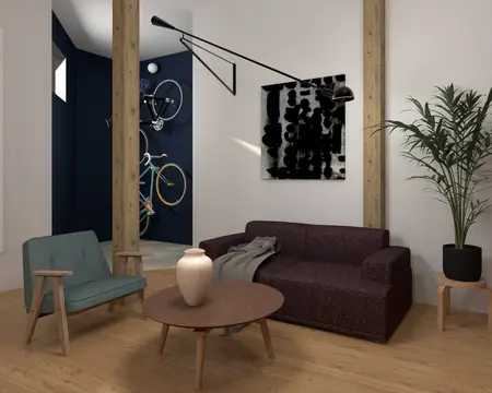 Wnętrze nowoczesnego salonu z brązową sofą i rośliną, styl vintage i współczesny.