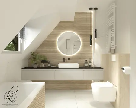 Nowoczesna łazienka minimalistyczna z drewnianymi detalami i okrągłym lustrem
