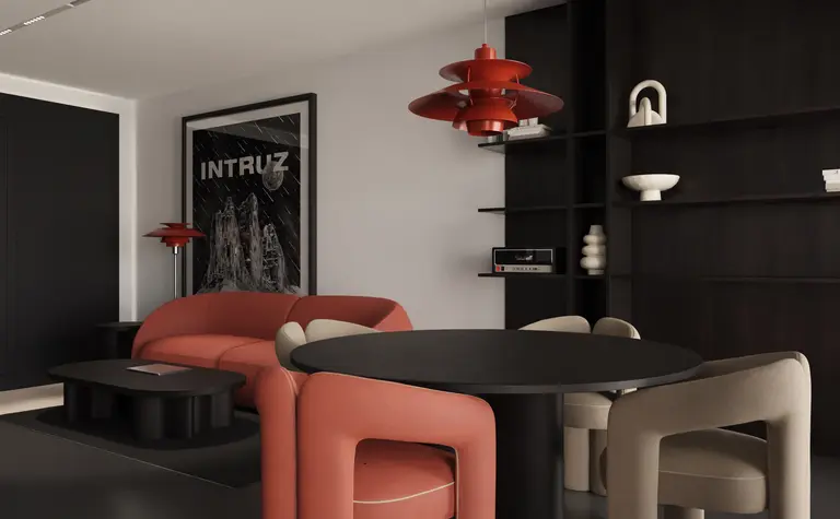 Nowoczesne wnętrze z czerwoną sofą i czarnym stołem, współczesny design.