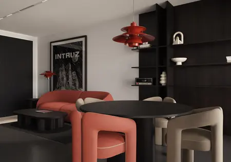Nowoczesne wnętrze z czerwoną sofą i czarnym stołem, współczesny design.