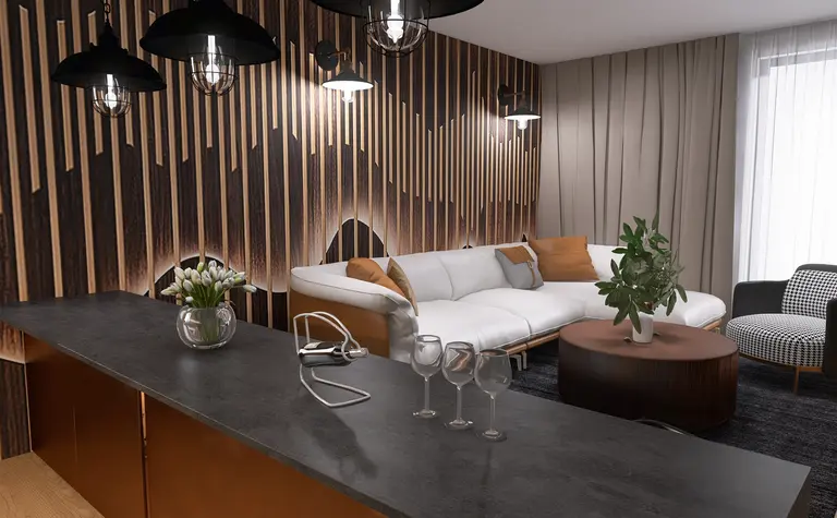 Nowoczesny salon z białą sofą, drewnianą ścianą i stylistyką industrialną.