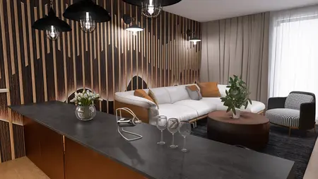 Nowoczesny salon z białą sofą, drewnianą ścianą i stylistyką industrialną.
