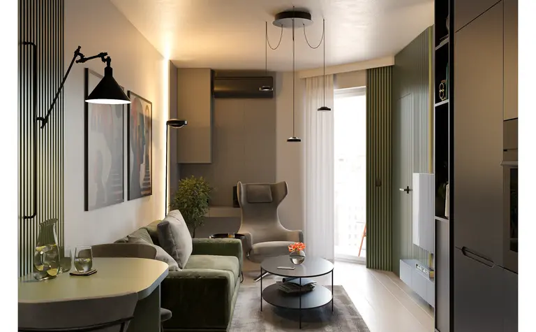 Wnętrze salonu w stylu industrialnym i minimalistycznym, z zieloną sofą i nowoczesnymi lampami.