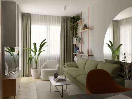 Wnętrze salonu w stylu soft minimalizm z zieloną sofą, roślinami i drewnianymi akcentami.