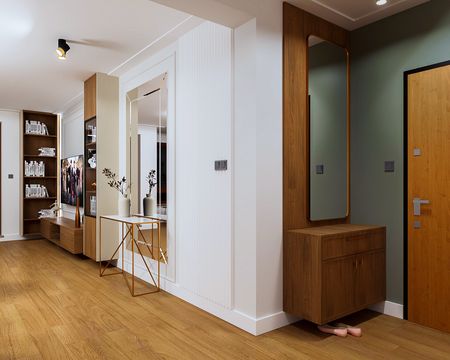 Przedpokój z elementami art deco i nowoczesnymi akcentami, styl quiet luxury.
