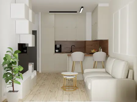 Wnętrze kuchni w stylu minimalistycznym z beżowymi meblami i drewnianym blatem.