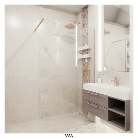 Nowoczesna łazienka z minimalistycznym designem, glamour akcentami i eleganckim oświetleniem.
