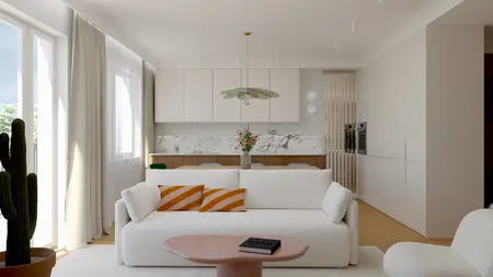 Wnętrze salonu z elementami art deco i vintage, soft minimalizm