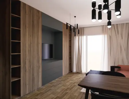 Wnętrze eklektycznego salonu z industrialnymi lampami i nowoczesnymi meblami.