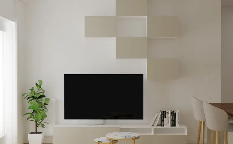 Wnętrze salonu w stylu minimalistycznym z nowoczesnymi meblami, drewnianą podłogą i rośliną.