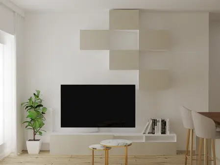 Wnętrze salonu w stylu minimalistycznym z nowoczesnymi meblami, drewnianą podłogą i rośliną.