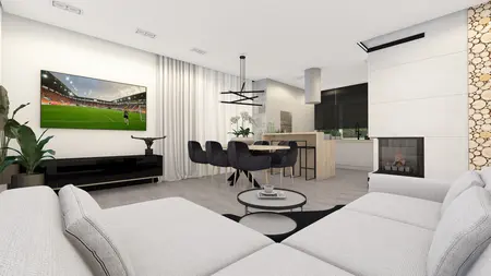 Wnętrze salonu w stylu industrialnym z nowoczesnym wystrojem, kominkiem i dużym TV.