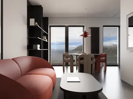 Wnętrze nowoczesnego salonu z czerwoną sofą i czarnymi detalami