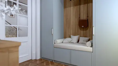 przedpokój z siedziskiem, drewnianą ścianą i stylowym oświetleniem w stylu prowansalskim, rustykalnym, vintage.