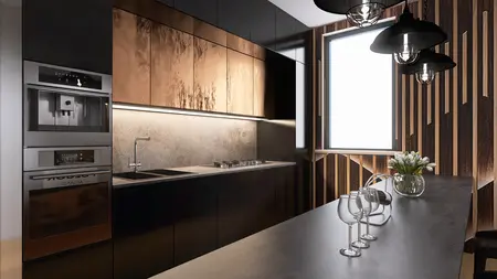 Wnętrze kuchni z brązowymi meblami i industrialnymi akcentami.