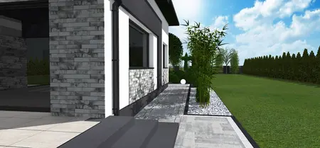 Zewnętrzny taras z minimalistycznym ogrodem w stylu japandi, industrialnym i nowoczesnym.