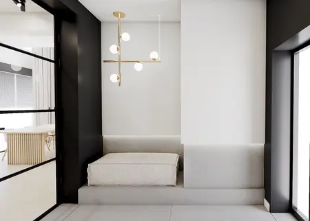 Przedpokój w stylu minimalistycznym z białymi ścianami, czarnymi detalami i nowoczesnym oświetleniem.
