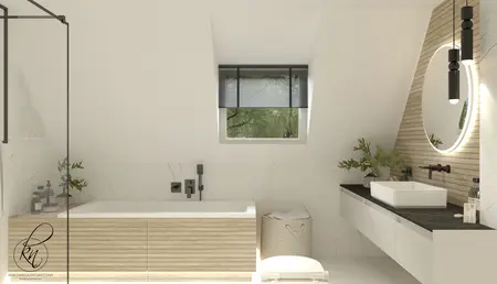 Wnętrze łazienki minimalistycznej z drewnem i nowoczesną umywalką.