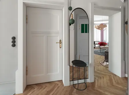 Stylowy przedpokój z lustrem, białymi ścianami i drewnianą podłogą w stylu dopamine decor.