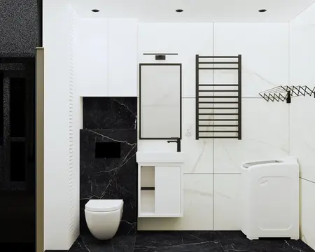 Nowoczesna łazienka w stylu minimalistycznym z białymi meblami i czarnymi detalami.