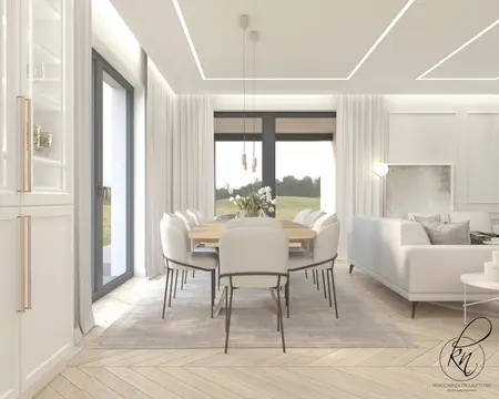 Wnętrze jadalni w stylu tradycyjnym z białymi meblami.