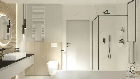 Nowoczesna łazienka z minimalistycznym wystrojem, białą wanną i drewnianymi detalami.