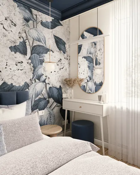 Wnętrze sypialni z eklektycznym stylem, glamour, nowoczesnym, quiet luxury, współczesnym