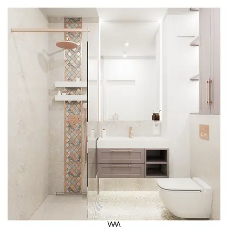 Nowoczesna łazienka w stylu glamour z minimalistycznymi akcentami i eleganckimi detalami.