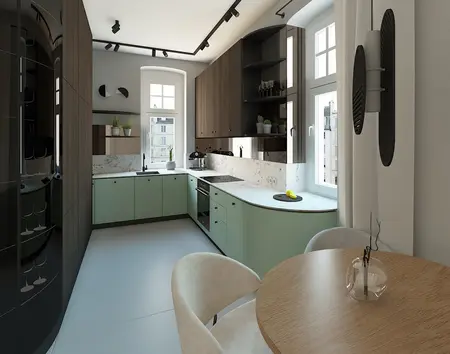 Wnętrze kuchni z zielonymi meblami, drewnianym blatem i akcentami dopamine decor.