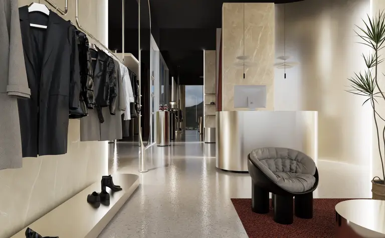 Wnętrze sklepu odzieżowego w stylu glamour, minimalistycznym i nowoczesnym.