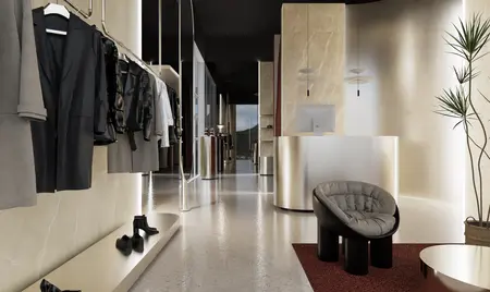 Wnętrze sklepu odzieżowego w stylu glamour, minimalistycznym i nowoczesnym.
