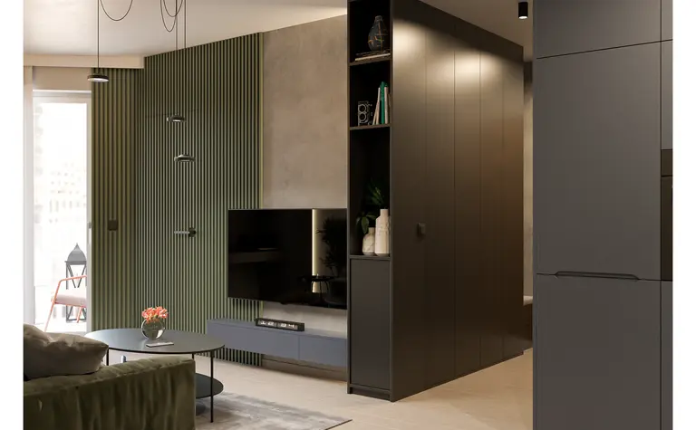 Wnętrze salonu w stylu industrialnym i minimalistycznym z nowoczesnym wyposażeniem.