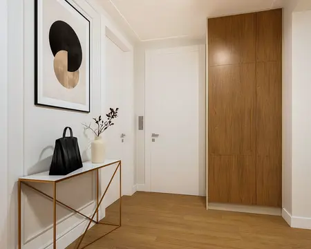 Przedpokój w stylu art deco z nowoczesnymi akcentami quiet luxury.