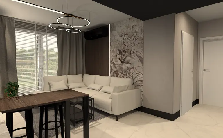 Salon z jasną sofą, drewnianym stołem i rośliną w doniczce, nowoczesny design