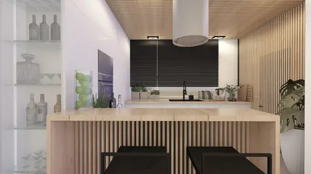 Wnętrze kuchni w stylu industrialnym, nowoczesnym i współczesnym z drewnianymi elementami.