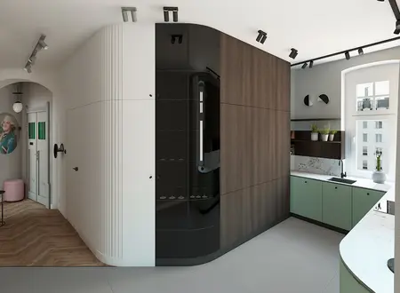 Nowoczesna kuchnia z czarnymi i drewnianymi elementami, dopamine decor.