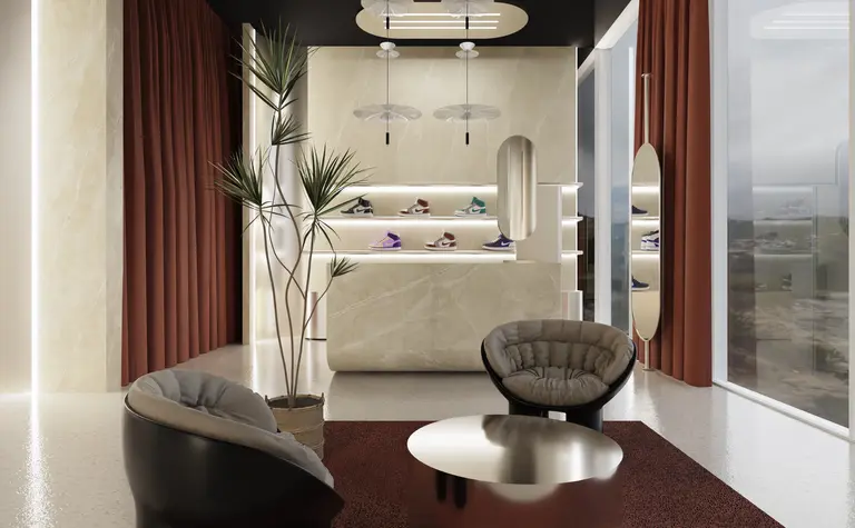 Wnętrze minimalistyczne z glamour, nowoczesnym designem i quiet luxury, z półkami na obuwie.