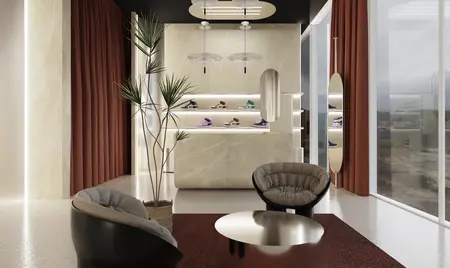 Wnętrze minimalistyczne z glamour, nowoczesnym designem i quiet luxury, z półkami na obuwie.