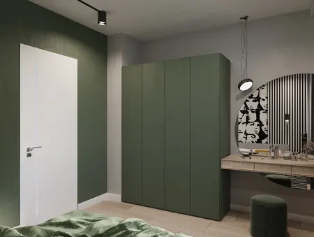 Wnętrze eklektycznego pokoju z minimalistycznym biurkiem i nowoczesnym oświetleniem.