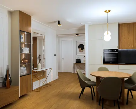 Wnętrze kuchni w stylu art deco z nowoczesnymi elementami.