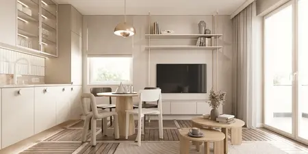 Wnętrze kuchni w stylu glamour, japandi i soft minimalizm z drewnianymi elementami.