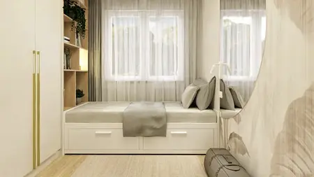 Sypialnia w stylu japandi, minimalistycznym i nowoczesnym z jasnymi meblami.