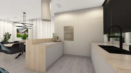 Wnętrze kuchni z drewnianymi elementami, nowoczesnymi meblami i roślinami, styl industrialny.
